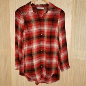Chloe K  Red Plaid Rayon Button Down Tunic Medium
